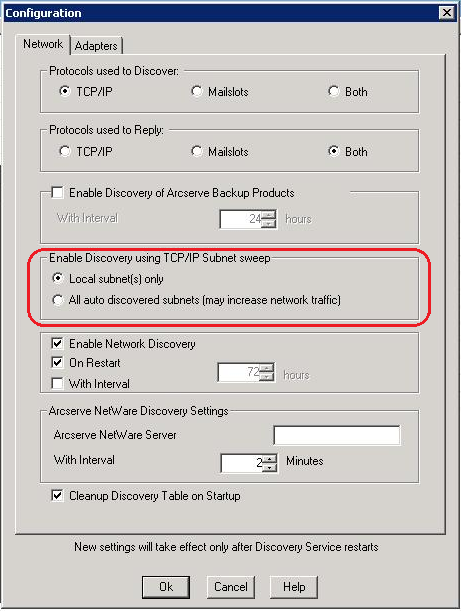 Caixa de diálogo Configuração da detecção A seção Ativar a detecção usando a varredura de sub-redes do TCP/IP está destacada e a única opção de Sub-rede(s) local(is) é especificada.