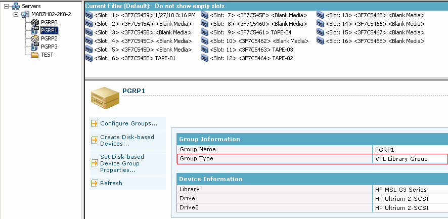 Backup Manager - Destination Tab. GRP0 é selecionado e o nome do Grupo é destacado.