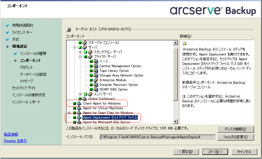 Setup:Components dialog - Client Agent for Windows and Agent Deployment Packages are highlighted.