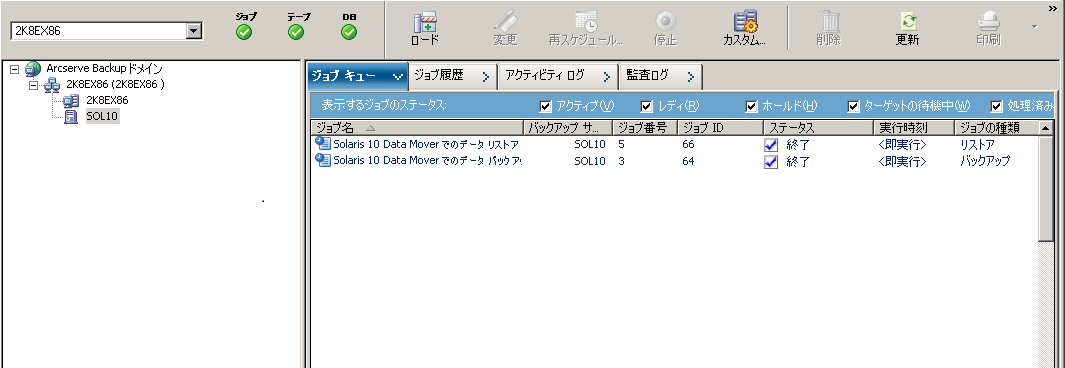 ジョブ ステータス マネージャ:Data Mover サーバが選択され、ジョブ キューにジョブが含まれています。