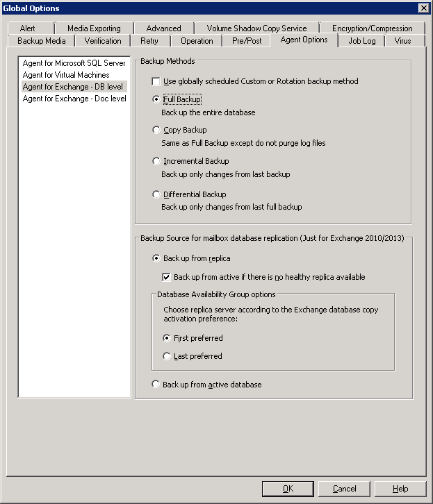Global Options, Agent Options tab