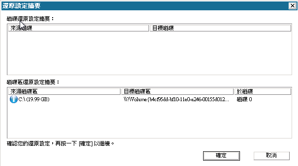 [裸機復原 - 還原設定的摘要] 對話方塊。