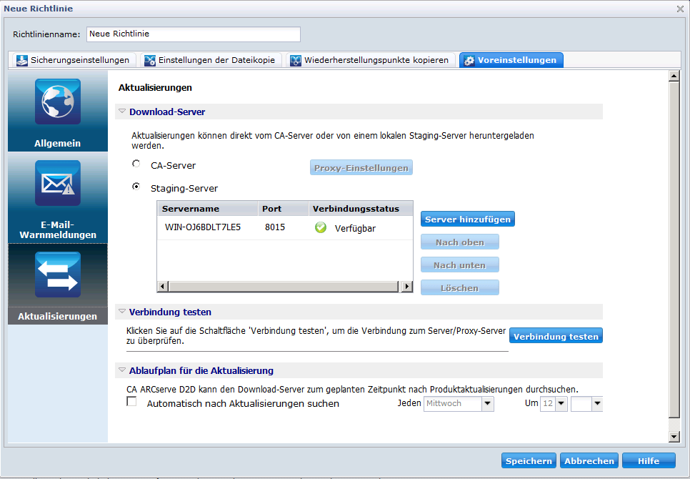 Automatische Aktualisierung der neuen D2D-Richtlinie - Registerkarte "Voreinstellungen"