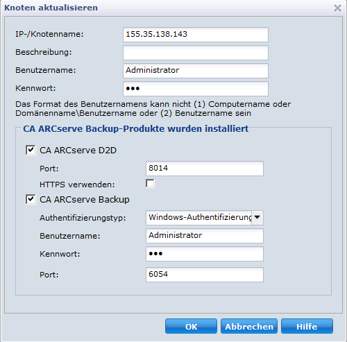 Dialogfeld "Knoten aktualisieren" für Änderungen von CA ARCserve D2D oder CA ARCserve Backup