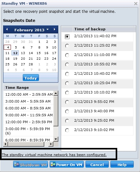 Standby VM dialog. The Power on the standby virtual machine with customized network configuration option is highlighted.
