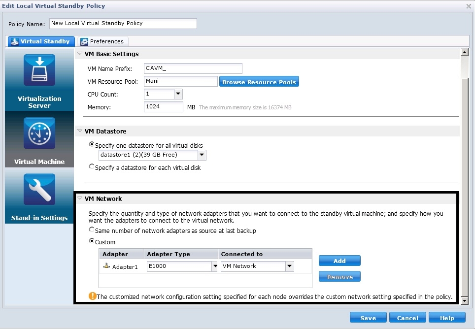 Edit Remote Virtual Standby Policy dialog. The VM Network options are highlighted.