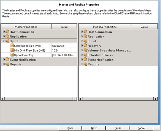 Master and Replica Properties dialog