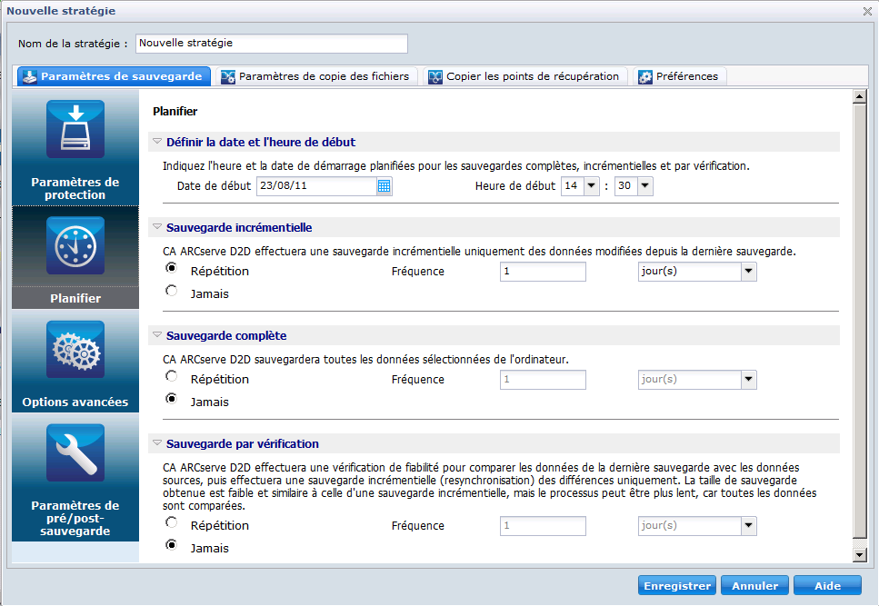 Paramètres de stratégie de sauvegarde CA ARCserve D2D - Onglet Planification