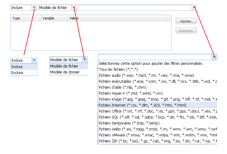 Filtres de source de copie des fichiers