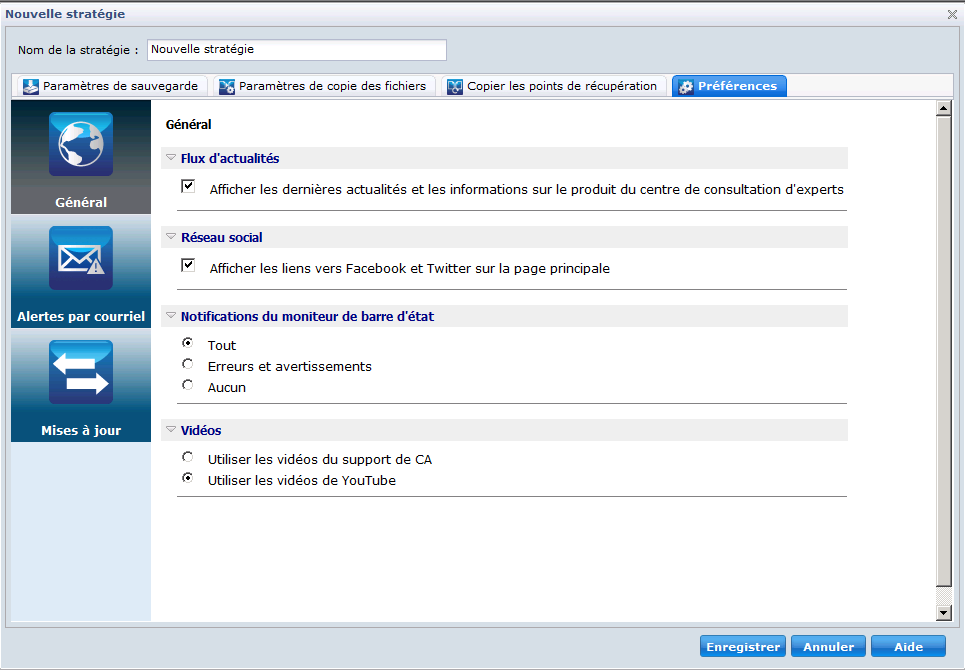 Nouvelle stratégie CA ARCserve D2D - Onglet Préférences