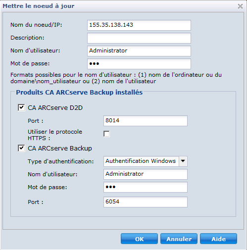 Modification du contenu de la boîte de dialogue Mettre le noeud à jour de CA ARCserve D2D ou CA ARCserve Backup