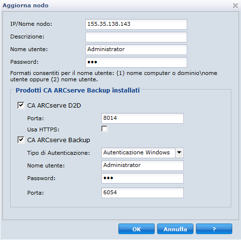 Finestra di dialogo Aggiorna nodo per le modifiche a CA ARCserve D2D o CA ARCserve Backup