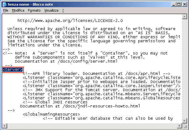 File Server.xml. Il campo <Server> viene evidenziato.