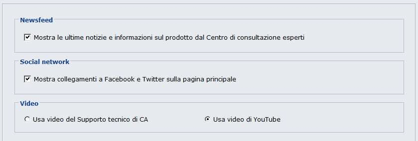 Parte dell'applicazione in cui è mostrata la configurazione delle preferenze di social network
