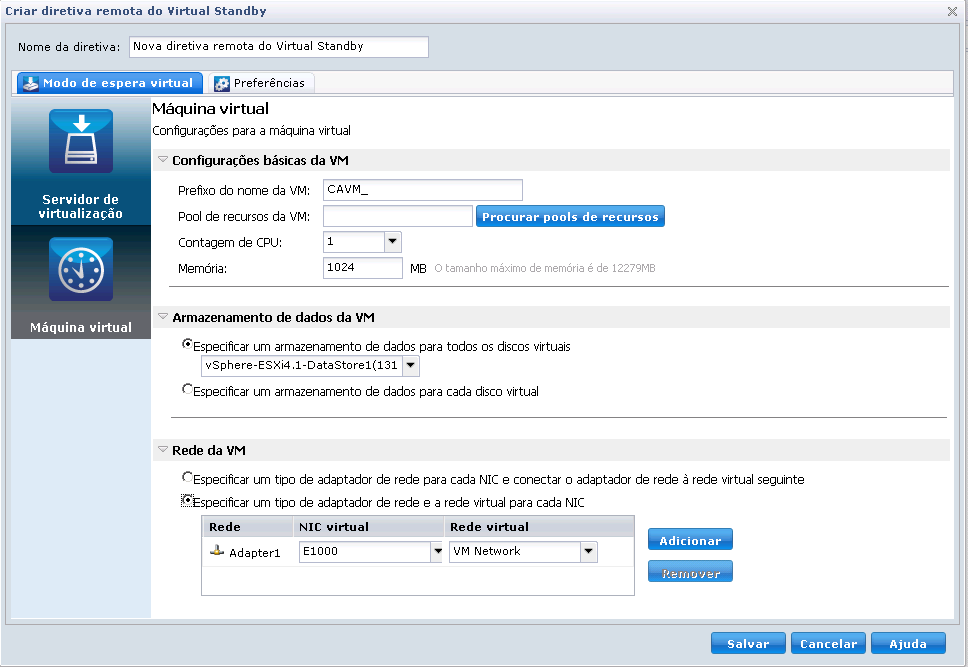 Caixa de diálogo Editar diretiva remota do Virtual Standby. As opções de Rede da VM estão realçadas.