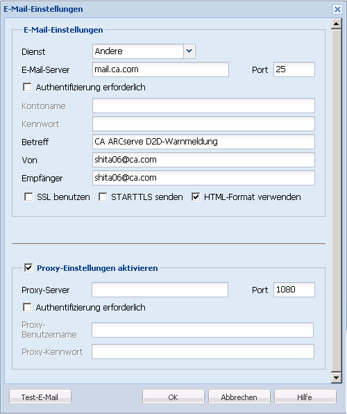 Sicherungskonfiguration - Dialogfeld "E-Mail-Einstellungen"