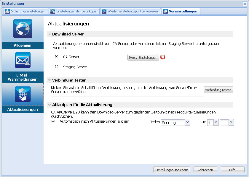 Einstellungen - Dialogfeld "Aktualisierungen"