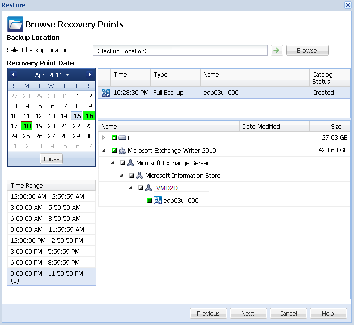 Browse Recovery Points screen showing calendar
