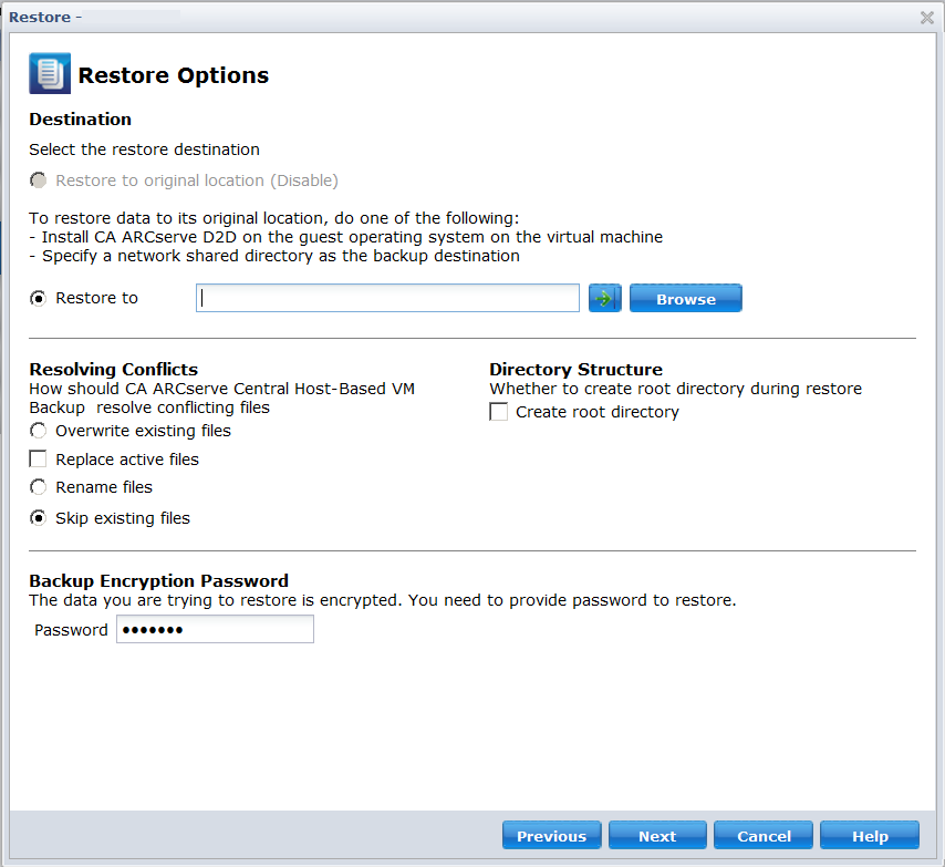 Restore Options showing Original Location disabled