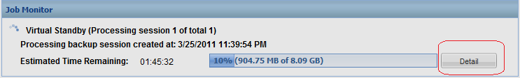 Virtual Standby Job Monitor. The Detail option is highlighted.