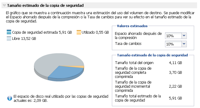 Cálculo de espacio de copia de seguridad
