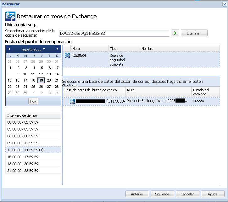 Cuadro de diálogo Restaurar correos de Exchange.