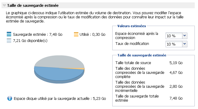 Utilitaire de calcul de l'espace de sauvegarde