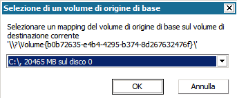 Finestra di dialogo Ripristino bare metal - Selezione di un volume di origine di base.