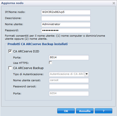 Finestra di dialogo Aggiorna nodi per modifiche a CA ARCserve D2D
