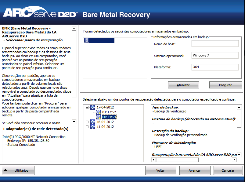 informações preenchidas -Recuperação Bare Metal - Especificar um ponto de recuperação.