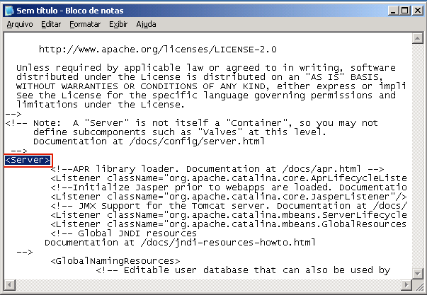 Arquivo server.xml. O campo <Server> é realçado.