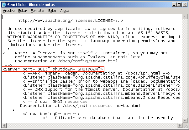 Arquivo server.xml. O campo a ser modificado é realçado.