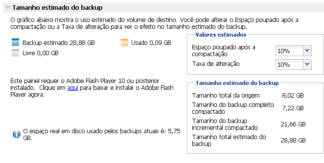 Calculadora de espaço de backup