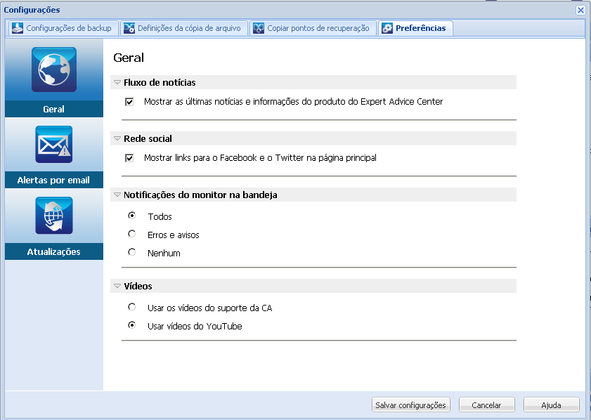 caixa de diálogo Preferences Settings - Geral