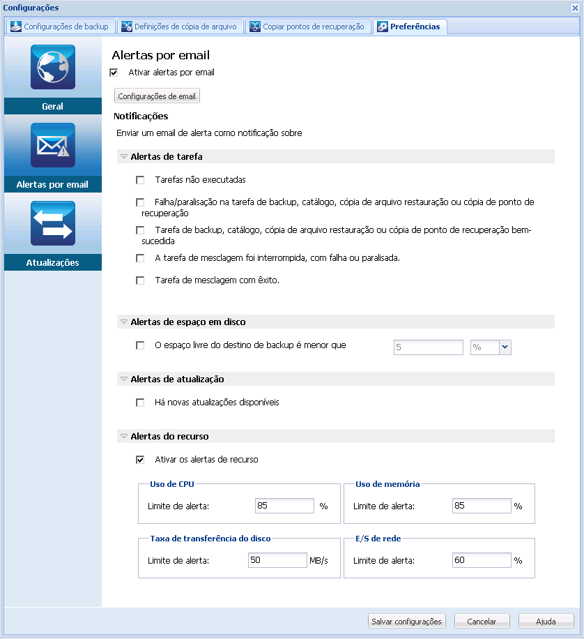 Configurações de preferências - caixa de diálogo Alertas por email