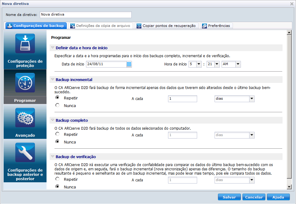 Configurações de backup de política do D2D - guia Programar