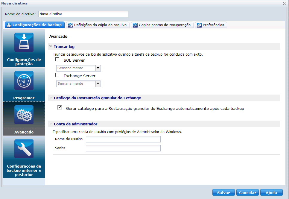 Configurações de backup da diretiva do D2D - Guia Avançado