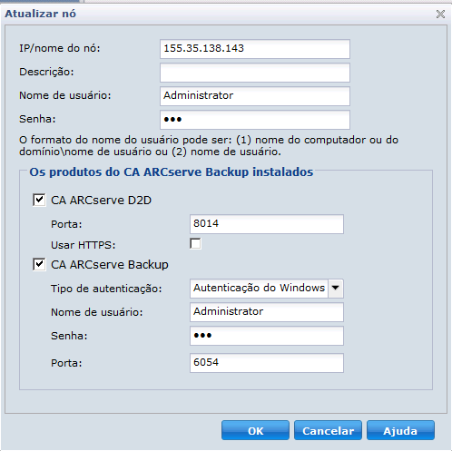 Caixa de diálogo Atualizar nó do CA ARCserve D2D ou das alterações do CA ARCserve Backup