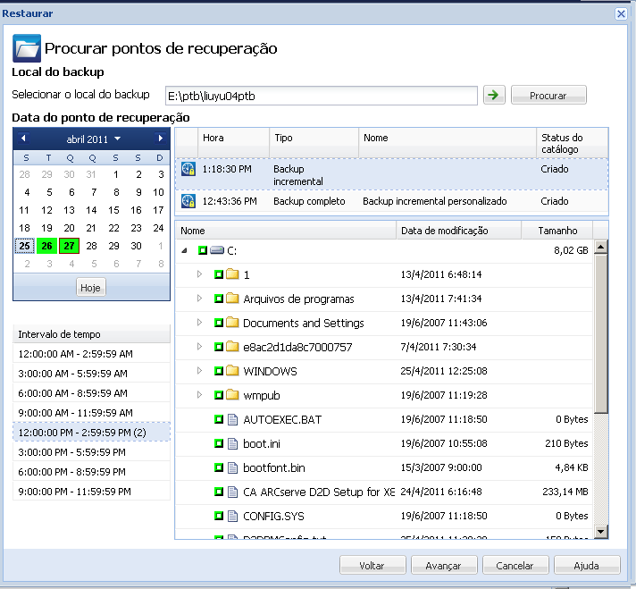 caixa de diálogo Browse Recovery Points.
