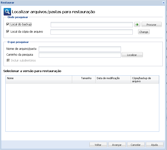 Caixa de diálogo Localizar arquivos/pastas para restauração.