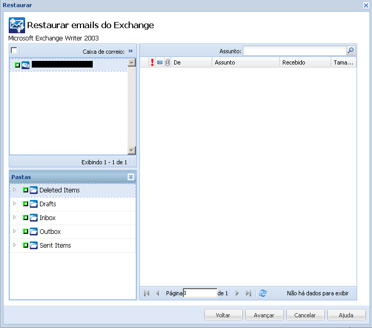 Caixa de diálogo Restaurar emails do Exchange com detalhes sobre os campos.