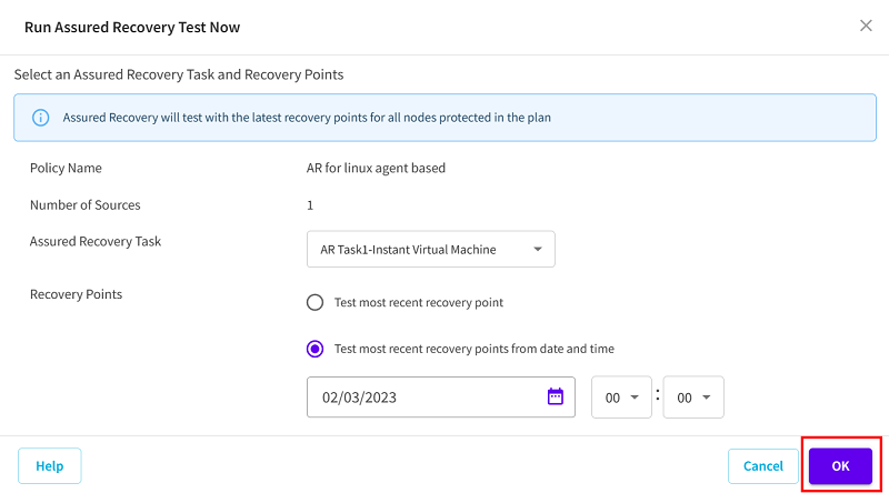 Perform an Assured Recovery Test from the Policies Page