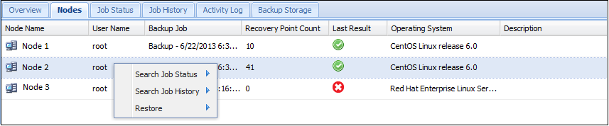 Context menu for the Nodes tab