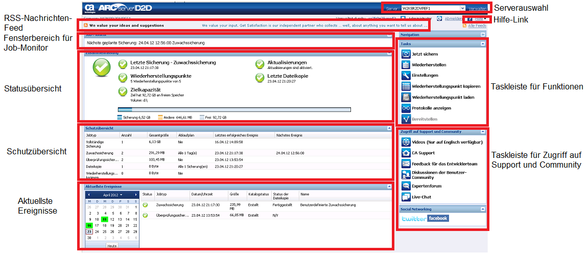 CA ARCserve D2D-Startseite