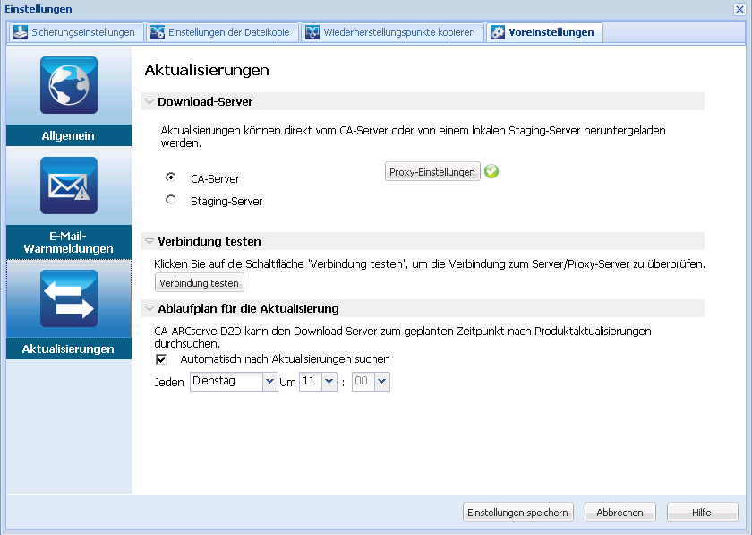Einstellungen - Dialogfeld "Aktualisierungen"