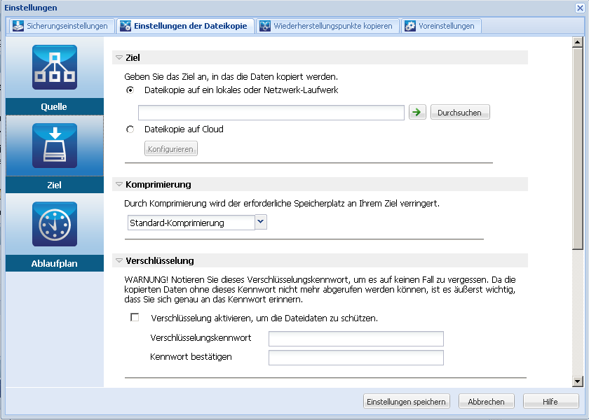 Dialogfeld "Einstellungen der Dateikopie - Ziel"