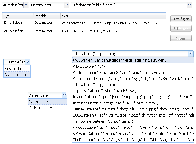 Quellfilter-Drop-down-Menüs