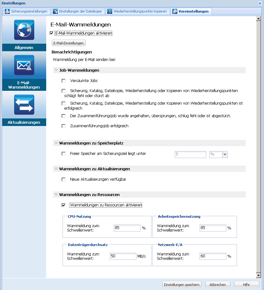 Einstellungen - Dialogfeld "E-Mail-Warnmeldungen"