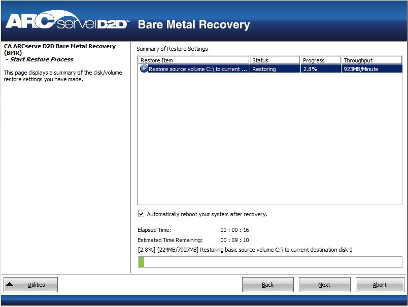 Bare Metal Recovery - Start the Restore Process dialog.