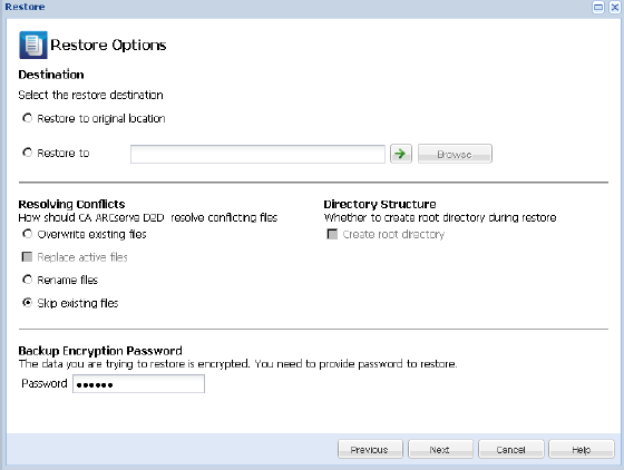 This diagram displays the available options in Restore Options dialog